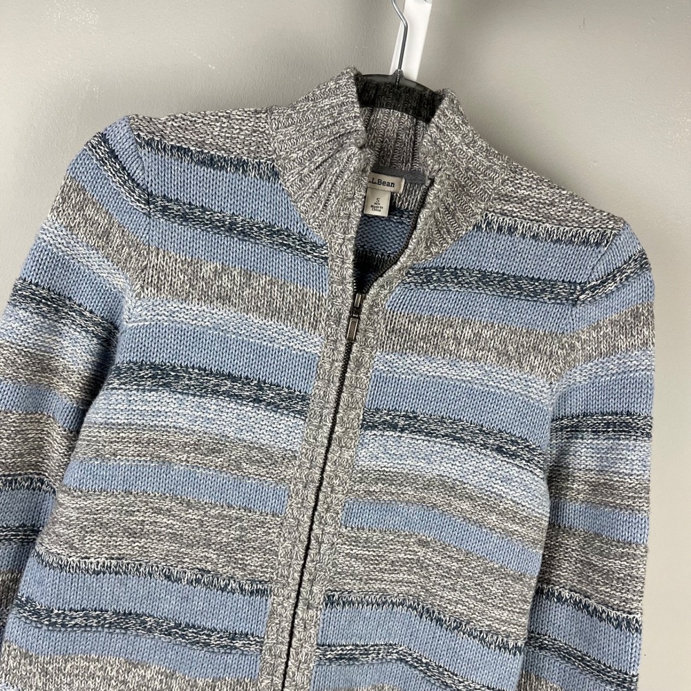 L.L. Bean Cardigan Sweater Womens S Blue Gray Stripe Full Zip 100% Cotton